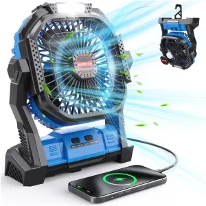 Portable Battery Operated Fan, 20000mAh Rechargeable Camping Fan with LED Lantern, Hang Hook, Camping Gear for Travel, BBQ, Fishing, Hurricane （Blue）