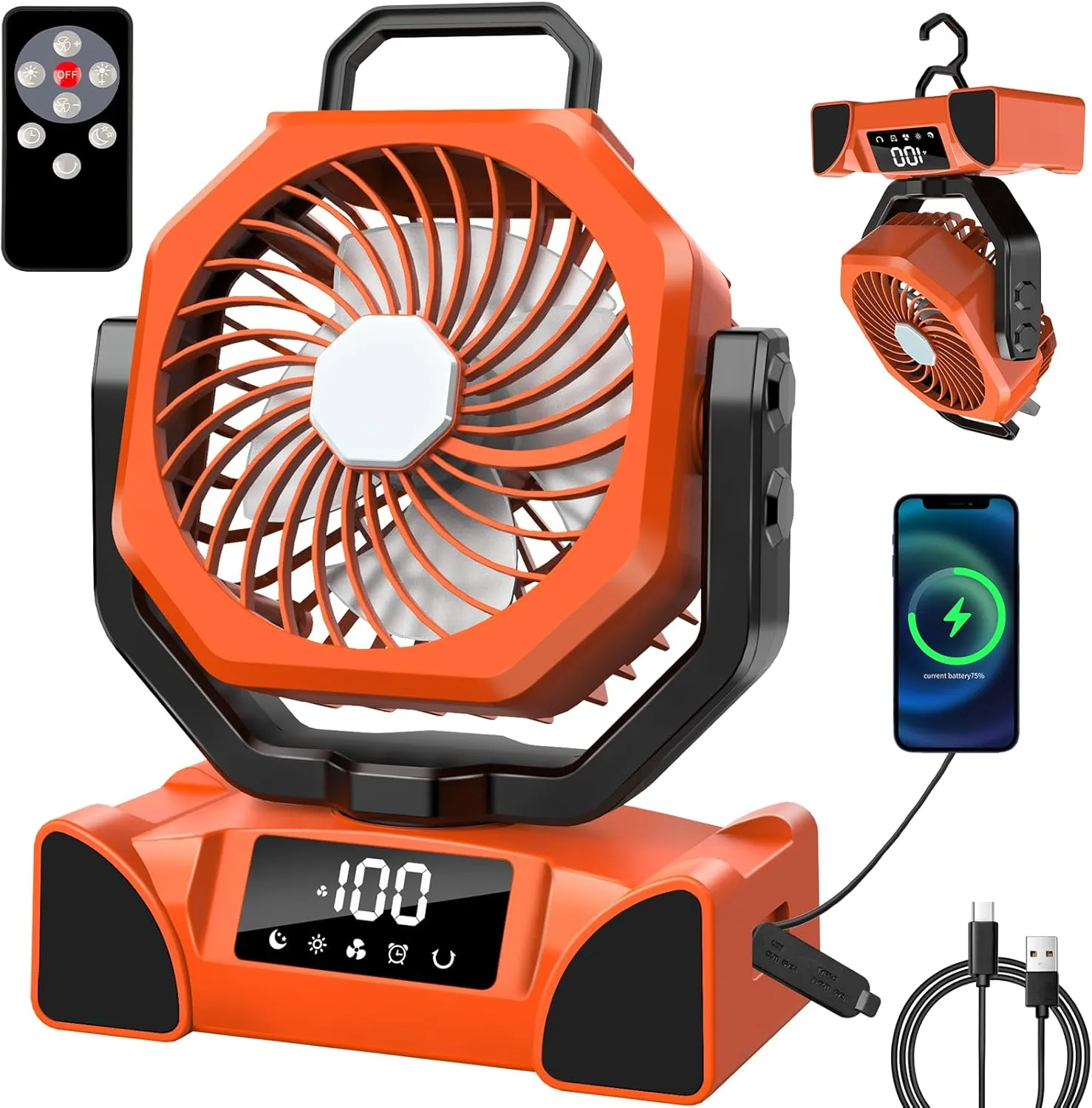 Portable Camping Fan Battery Operated Powered Fan with Remote Control & LED Lantern,20000mAh Battery Rechargeable,LED Digital Display,Oscillate,Timer,Rotation Hanging Hook for Tents Travel - Orange
