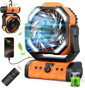 Portable Camping Fan Rechargeable 20000mAh Battery Operated Oscillating USB C Battery Powered Fan with LED Lantern, Head Rotation,Timer, Remote Auto, Hook for Tents Travel Outdoor Beach Orange