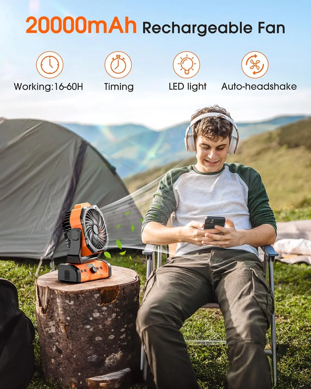Portable Camping Fan Rechargeable 20000mAh Battery Operated Oscillating USB C Battery Powered Fan with LED Lantern, Head Rotation,Timer, Remote Auto, Hook for Tents Travel Outdoor Beach Orange
