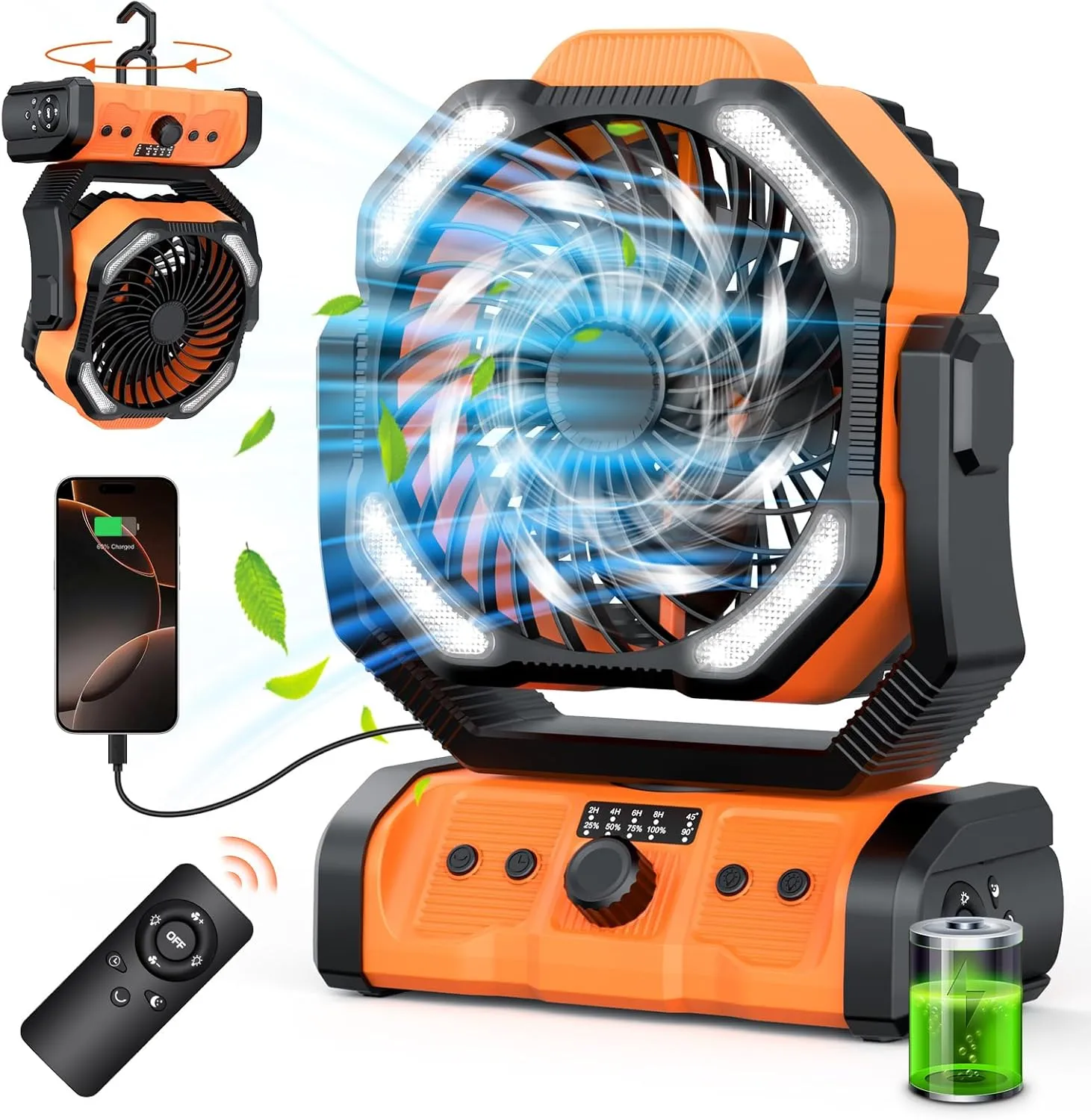 Portable Camping Fan Rechargeable 20000mAh Battery Operated Oscillating USB C Battery Powered Fan with LED Lantern, Head Rotation,Timer, Remote Auto, Hook for Tents Travel Outdoor Beach Orange