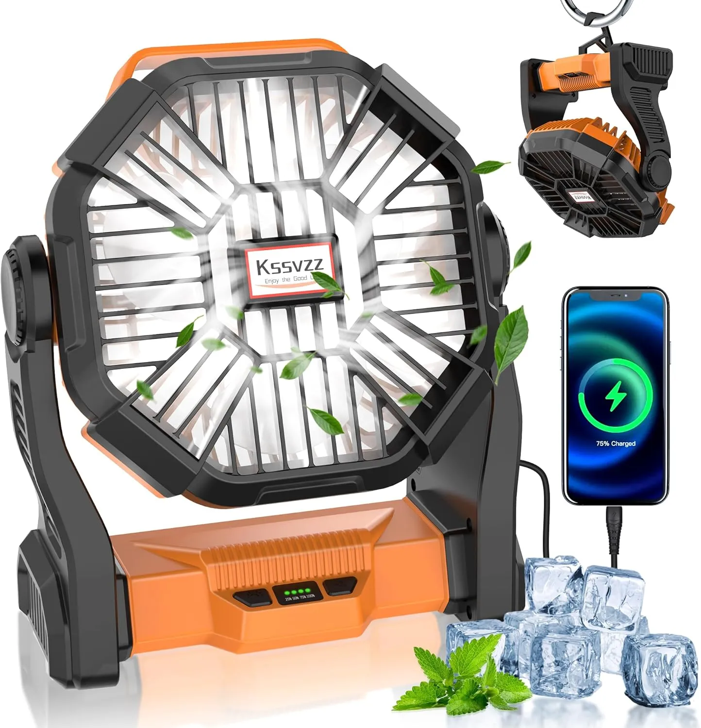 Portable Camping Fan Rechargeable with LED Lantern - 20000mAh Cordless Battery Powered Fan, 4 Speed Quiet USB Table Desk Fan, Battery Operated Tent Fan for Travel, Beach, Fishing, Home&Office (Orange)