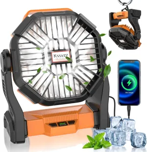 Portable Camping Fan Rechargeable with LED Lantern - 20000mAh Cordless Battery Powered Fan, 4 Speed Quiet USB Table Desk Fan, Battery Operated Tent Fan for Travel, Beach, Fishing, Home&Office (Orange)