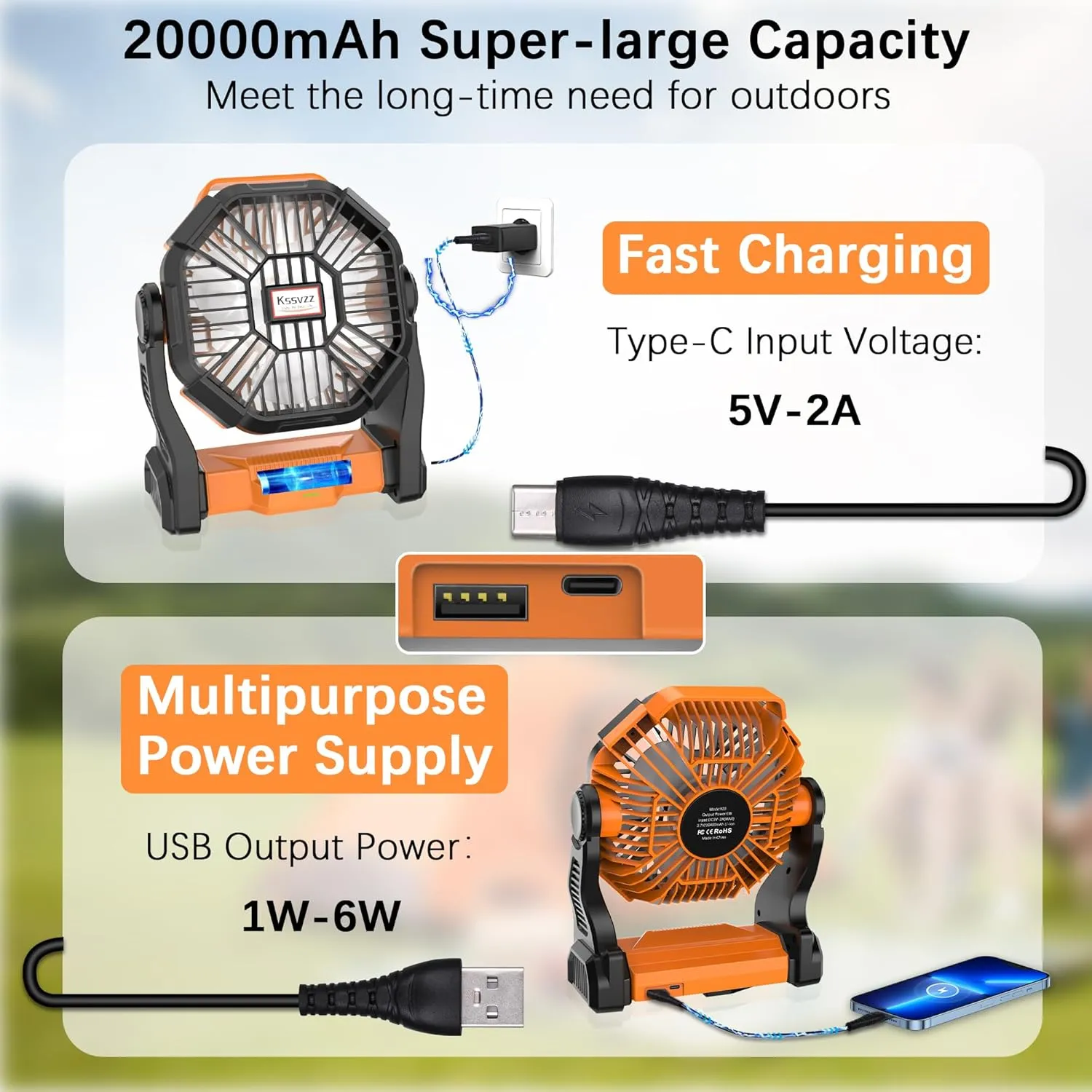 Portable Camping Fan Rechargeable with LED Lantern - 20000mAh Cordless Battery Powered Fan, 4 Speed Quiet USB Table Desk Fan, Battery Operated Tent Fan for Travel, Beach, Fishing, Home&Office (Orange)