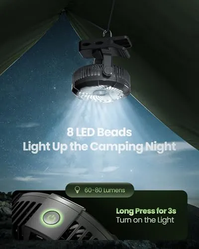 Portable Camping Fan w/ LED Lantern,360°Rotation & Clip on for Desk