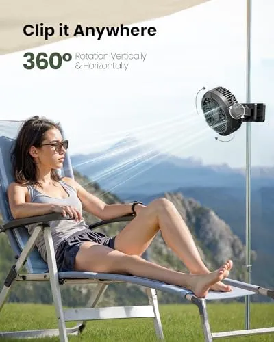 Portable Camping Fan w/ LED Lantern,360°Rotation & Clip on for Desk