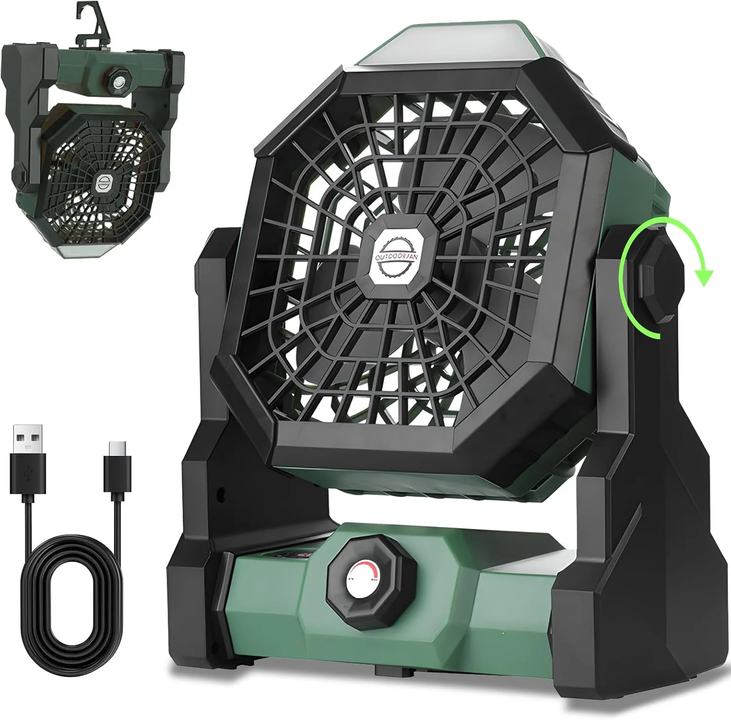 Portable Camping Fan with 7800mAh Rechargeable Battery, LED Lantern, 3-Speed, USB Desk Fan for Tents, Fishing, Travel, Beach Vacation Essentials, 270° Adjustable Head, Quiet and Durable (Green)