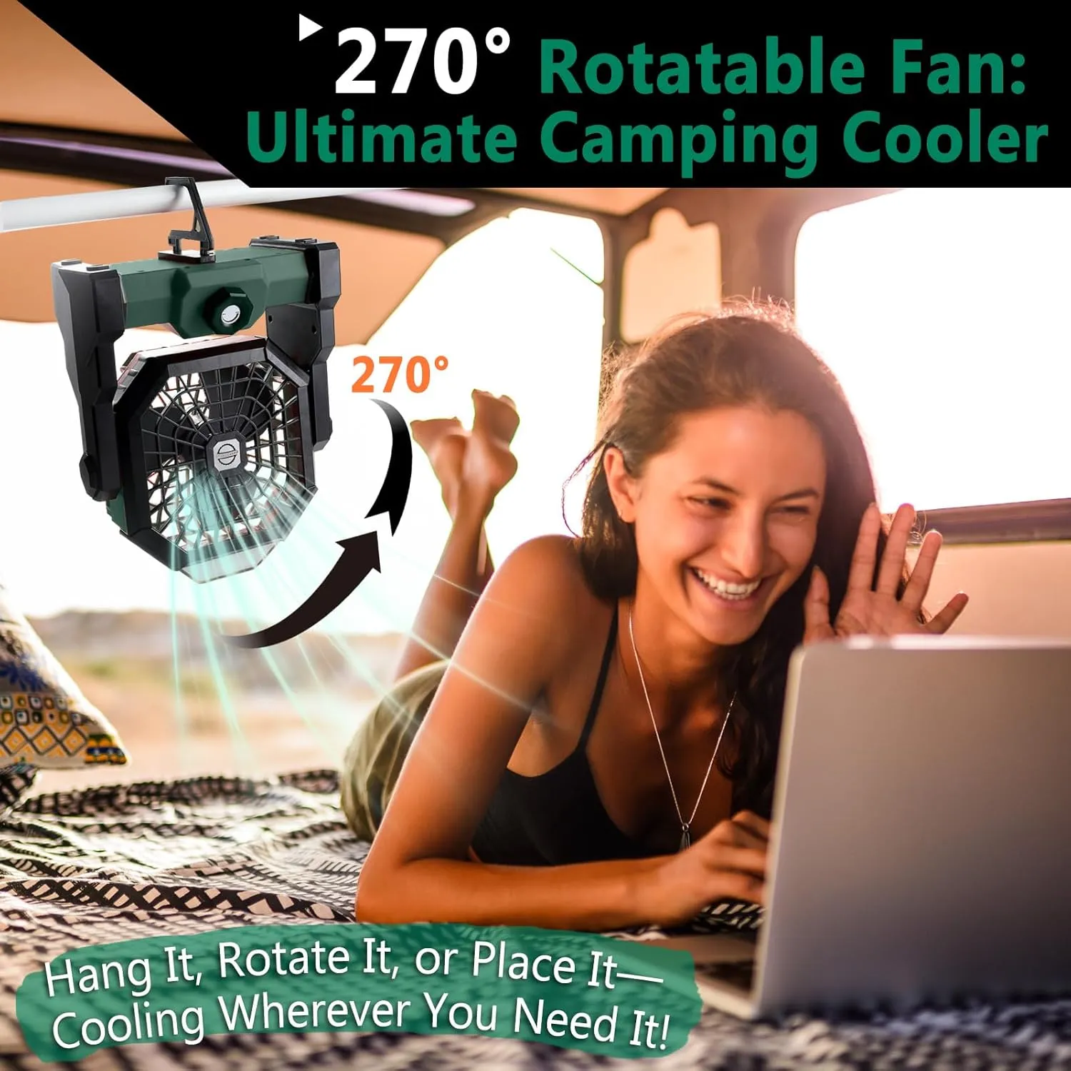 Portable Camping Fan with 7800mAh Rechargeable Battery, LED Lantern, 3-Speed, USB Desk Fan for Tents, Fishing, Travel, Beach Vacation Essentials, 270° Adjustable Head, Quiet and Durable (Green)