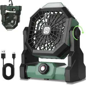 Portable Camping Fan with 7800mAh Rechargeable Battery, LED Lantern, 3-Speed, USB Desk Fan for Tents, Fishing, Travel, Beach Vacation Essentials, 270° Adjustable Head, Quiet and Durable (Green)