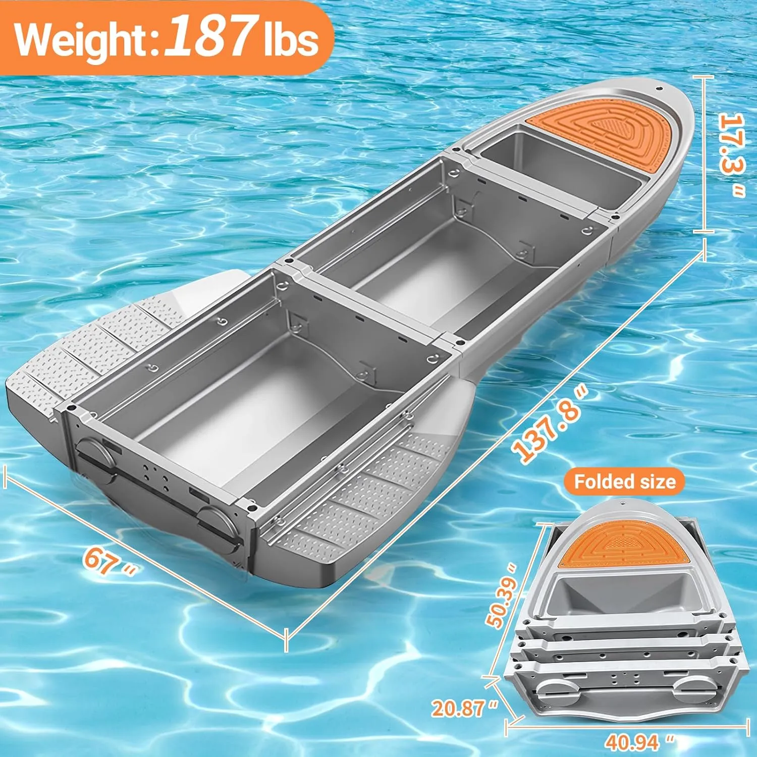 Portable Fishing Boat with Foldable Modular, Fits in SUVs and Pickup Trucks, 1700lb Capacity Pontoon Boat for 3-6 Adults, Won't Capsize or Sink, Supports Motor, Ideal for Angling and Rescuing, Gray