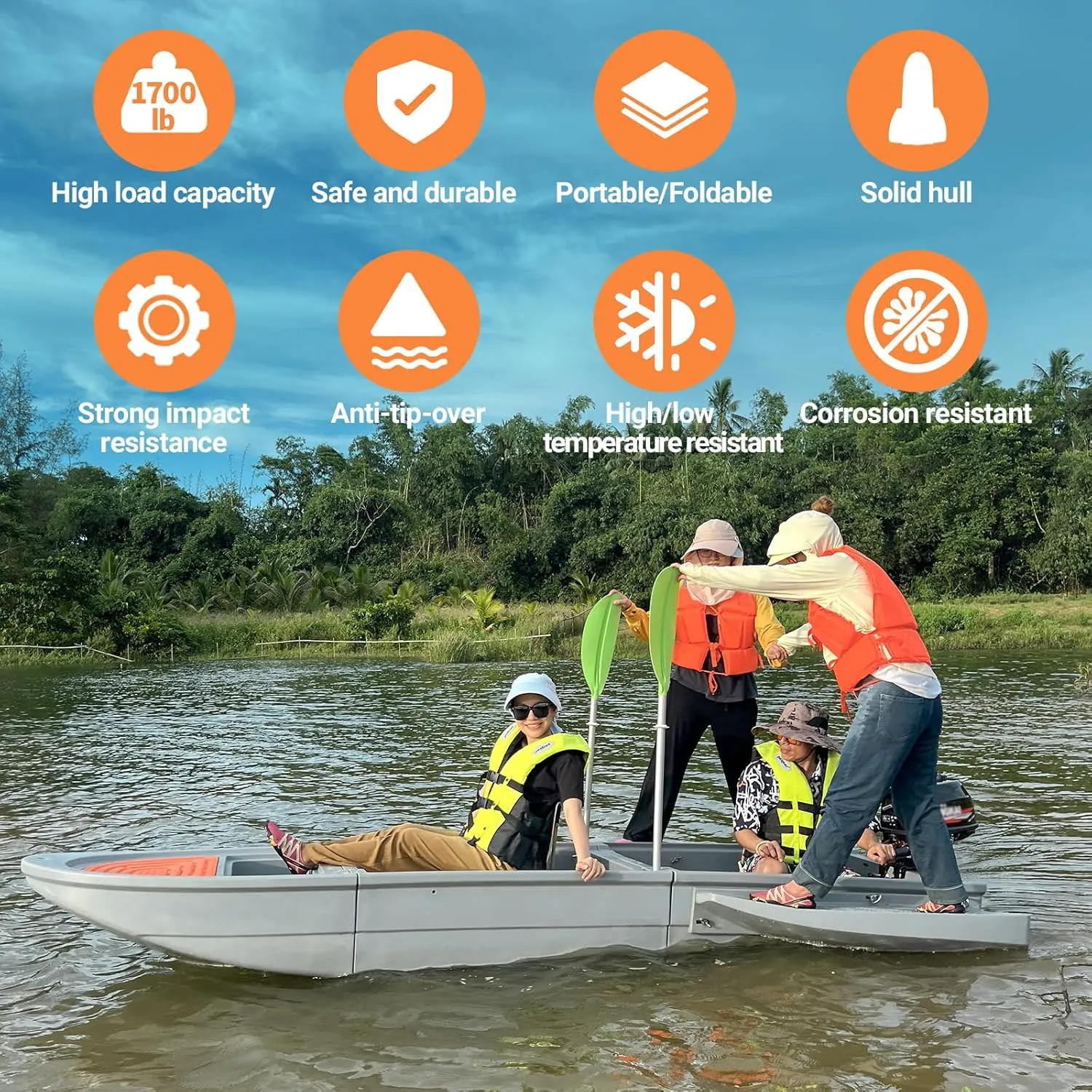 Portable Fishing Boat with Foldable Modular, Fits in SUVs and Pickup Trucks, 1700lb Capacity Pontoon Boat for 3-6 Adults, Won't Capsize or Sink, Supports Motor, Ideal for Angling and Rescuing, Gray
