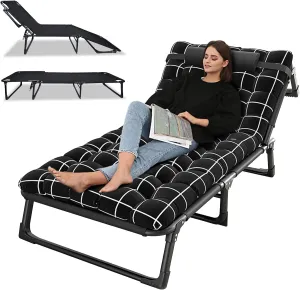 Portable Folding Camping Cot, Adjustable 4-Position Adults Reclining Folding Chaise with Pillow, Sleeping Cots for Adults, Outdoor Lounge Chair Sleeping Cot Bed for Camping, Pool, Beach, Pat