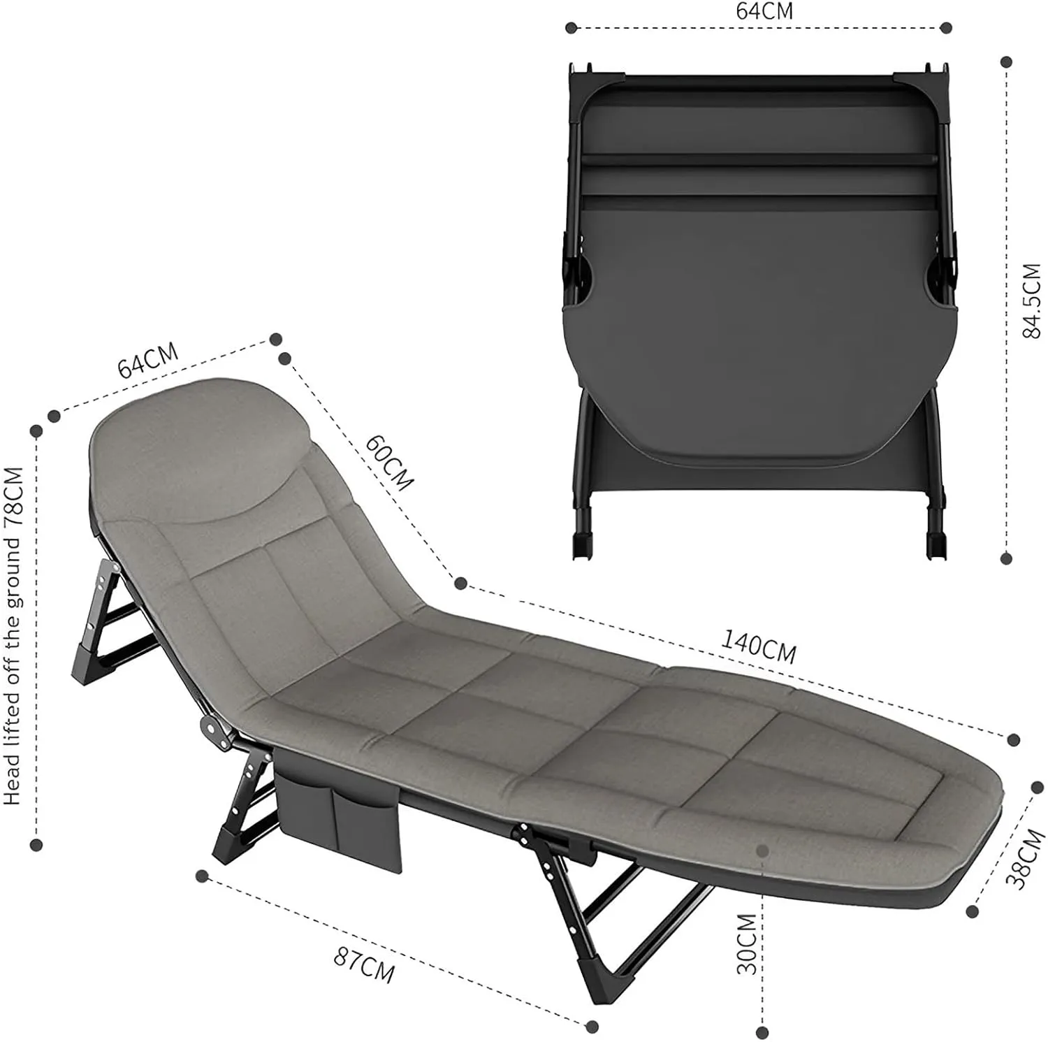 Portable Folding Camping Cot Bed, Adjustable Lounge Chair Outdoor Reclining Chaise, 78"x24" Sleeping Cot Chair for Travel and Office (Color : Dark Gray)