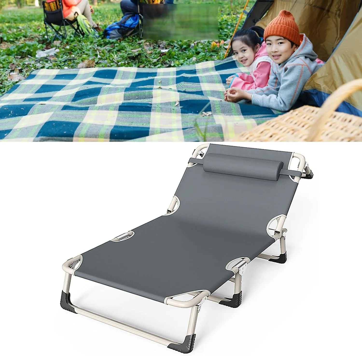Portable Folding Camping Cot, Oversize 28in Adjustable 4-Position Adults Reclining Lounge Chairs with Pillow, Perfect for Camping, Pool, Beach