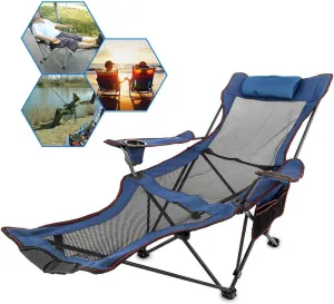 Portable Folding Reclining Camping Chair with Cup Holder and Storage Bag, Heavy Duty Lumbar Back Supports 300 lbs for Camping Fishing and Outdoor(Blue)