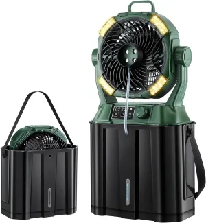Portable Misting Fan,4 LED Lights&Stepless Speed Control & 4 Outlet Cooling Spray with 6L Bucket,Timer Function,Portable Handle,20000mAh Camping Fan for Patios/Fishing/Travel/Office Desk