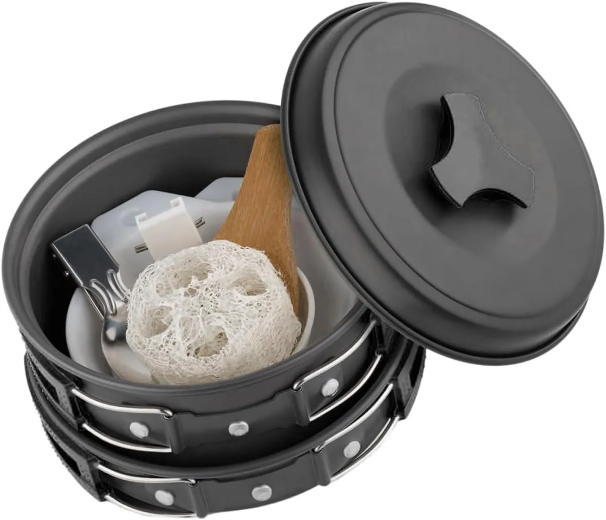 Portable Outdoor Cooking Kit for 1-2 Aluminum Camping Pot Bowl Set Includes Mesh Bag Black Handle
