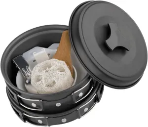 Portable Outdoor Cooking Kit for 1-2 Aluminum Camping Pot Bowl Set Includes Mesh Bag Black Handle