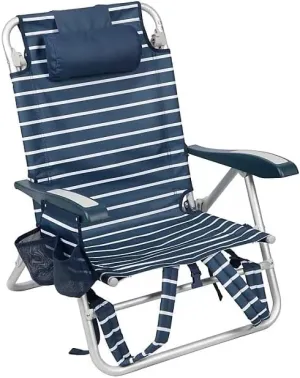 Portable Reclining Beach Chair with Storage, Tropical Palm Print, Aluminum Frame, Backpack Straps (Indigo)