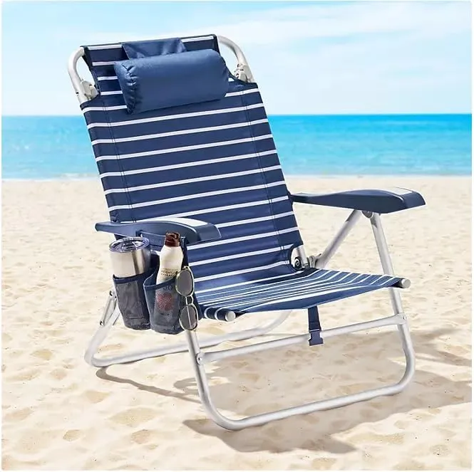 Portable Reclining Beach Chair with Storage, Tropical Palm Print, Aluminum Frame, Backpack Straps (Indigo)