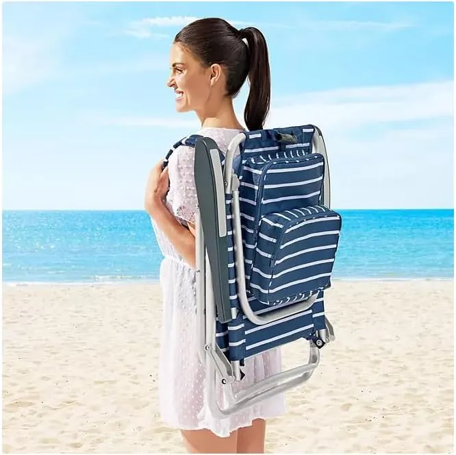 Portable Reclining Beach Chair with Storage, Tropical Palm Print, Aluminum Frame, Backpack Straps (Indigo)