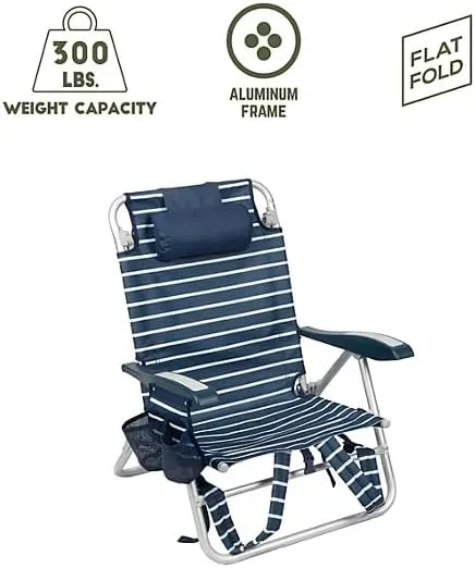 Portable Reclining Beach Chair with Storage, Tropical Palm Print, Aluminum Frame, Backpack Straps (Indigo)