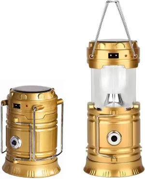 Portable Solar Camping Lantern Flashlight, USB Rechargeable 3-in-1 Golden Metal Tent Lamp for Outdoor & Household Use