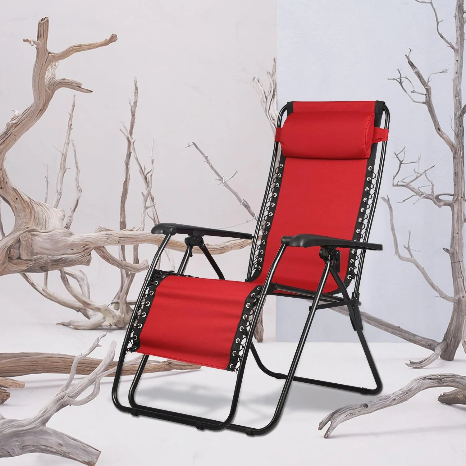 PORTAL Oversized Mesh Back Zero Gravity Reclining Patio Chairs, XL Padded Seat Folding Patio Lounge Chair with Adjustable Pillow and Cup Holder for Poolside Backyard Lawn, Support 350lbs