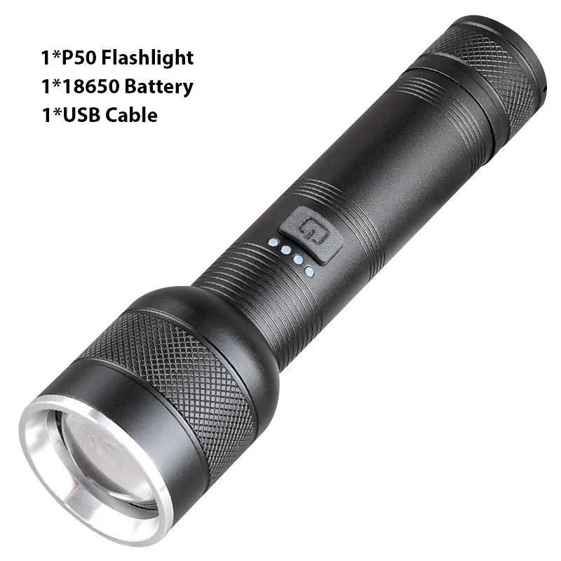 Powerful 5000LM LED Flashlight P50 LED Flashlight USB Rechargeable Torch Telescopic Zoom 4Mode Flashlight Lantern Built-in 18650/26650 Battery