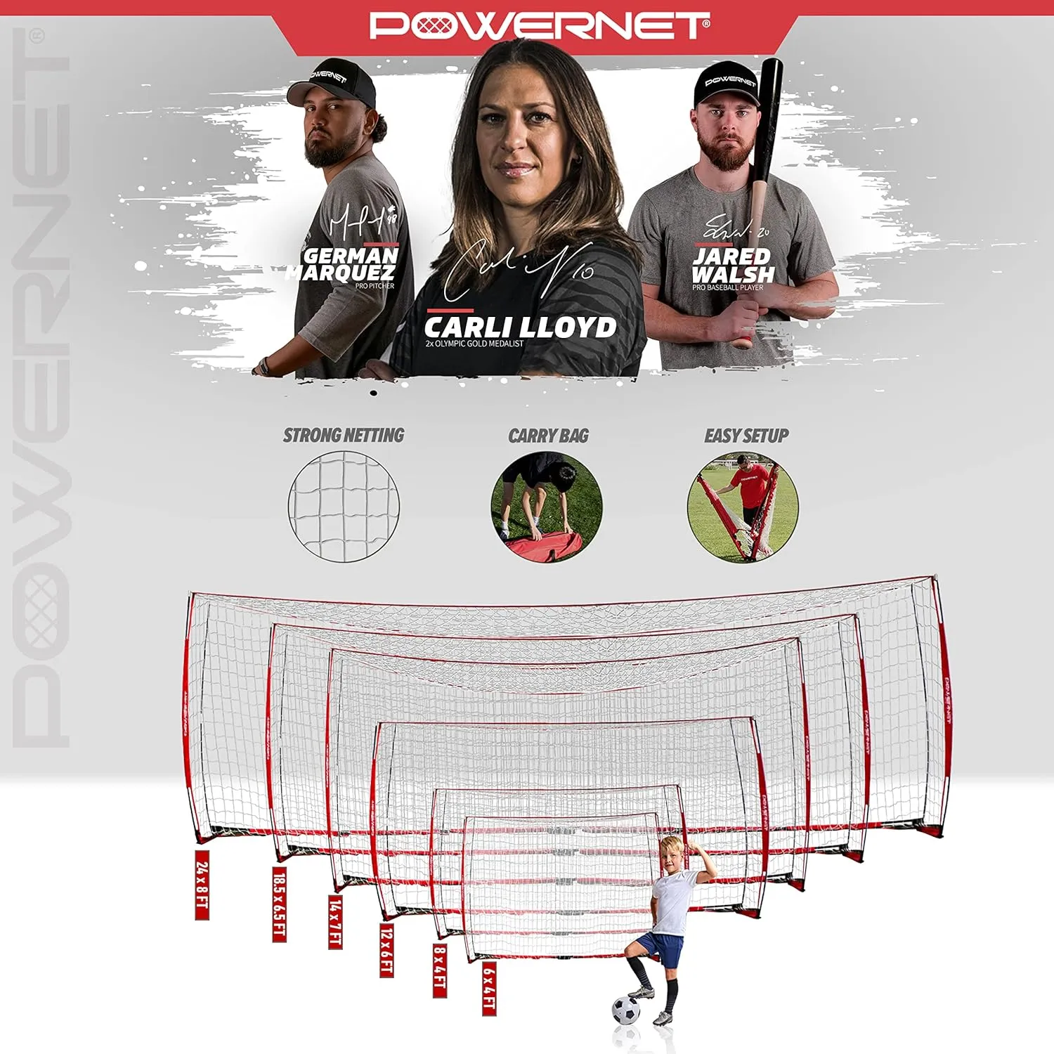 PowerNet Carli Lloyd Soccer Goal Portable Bow Style Net and Large Ball Carry Bag Bundle, Quick Setup Ultra Portable, Full Size Framed Soccer Goal, Perfect for Teams and Coaches