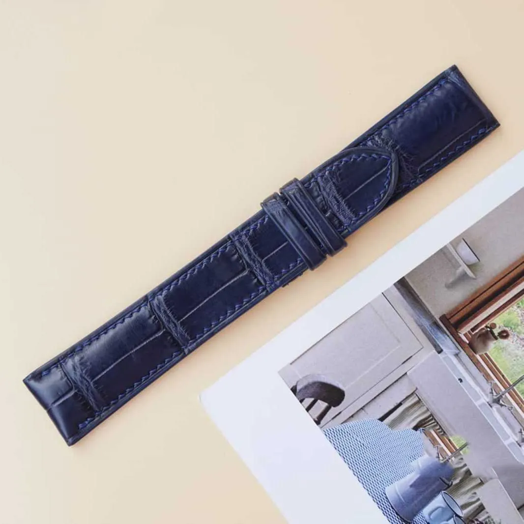 Premium Alligator watch band, Dark Blue Alligator leather watch strap (18mm, Steel Folding Clasp)