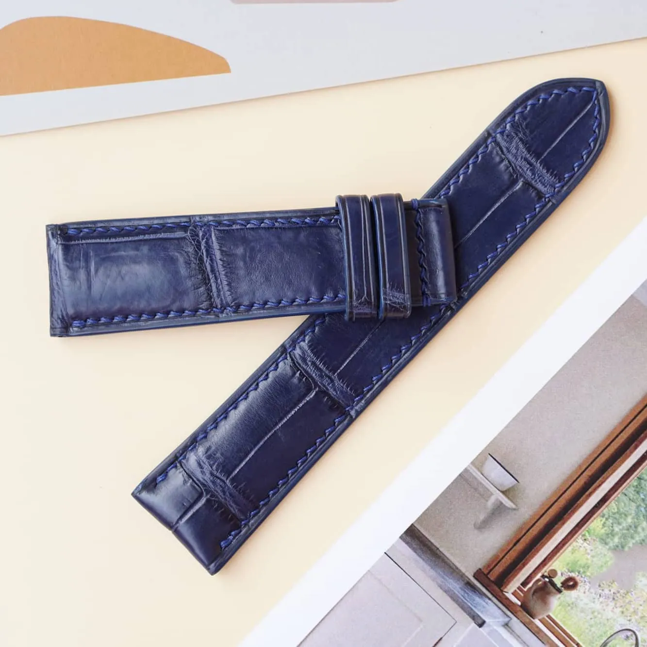 Premium Alligator watch band, Dark Blue Alligator leather watch strap (18mm, Steel Folding Clasp)