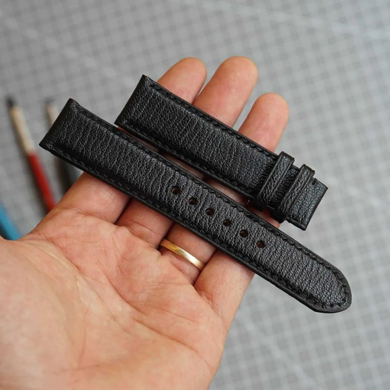 Premium Black Goat leather watch band, Handmade Alran Chevre Sully leather watch strap (15mm, Steel Folding Clasp)