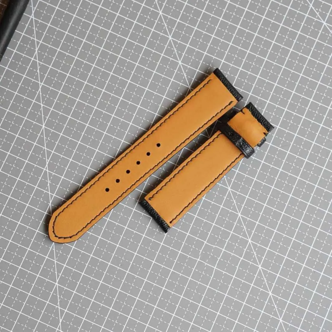 Premium Black Goat leather watch band, Handmade Alran Chevre Sully leather watch strap (15mm, Steel Folding Clasp)