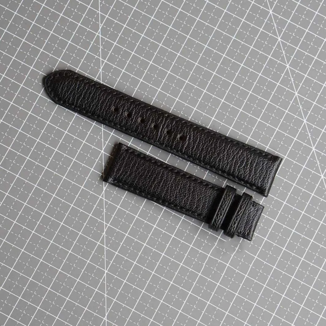 Premium Black Goat leather watch band, Handmade Alran Chevre Sully leather watch strap (15mm, Steel Folding Clasp)