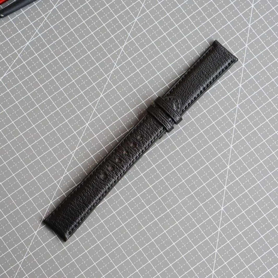 Premium Black Goat leather watch band, Handmade Alran Chevre Sully leather watch strap (15mm, Steel Folding Clasp)