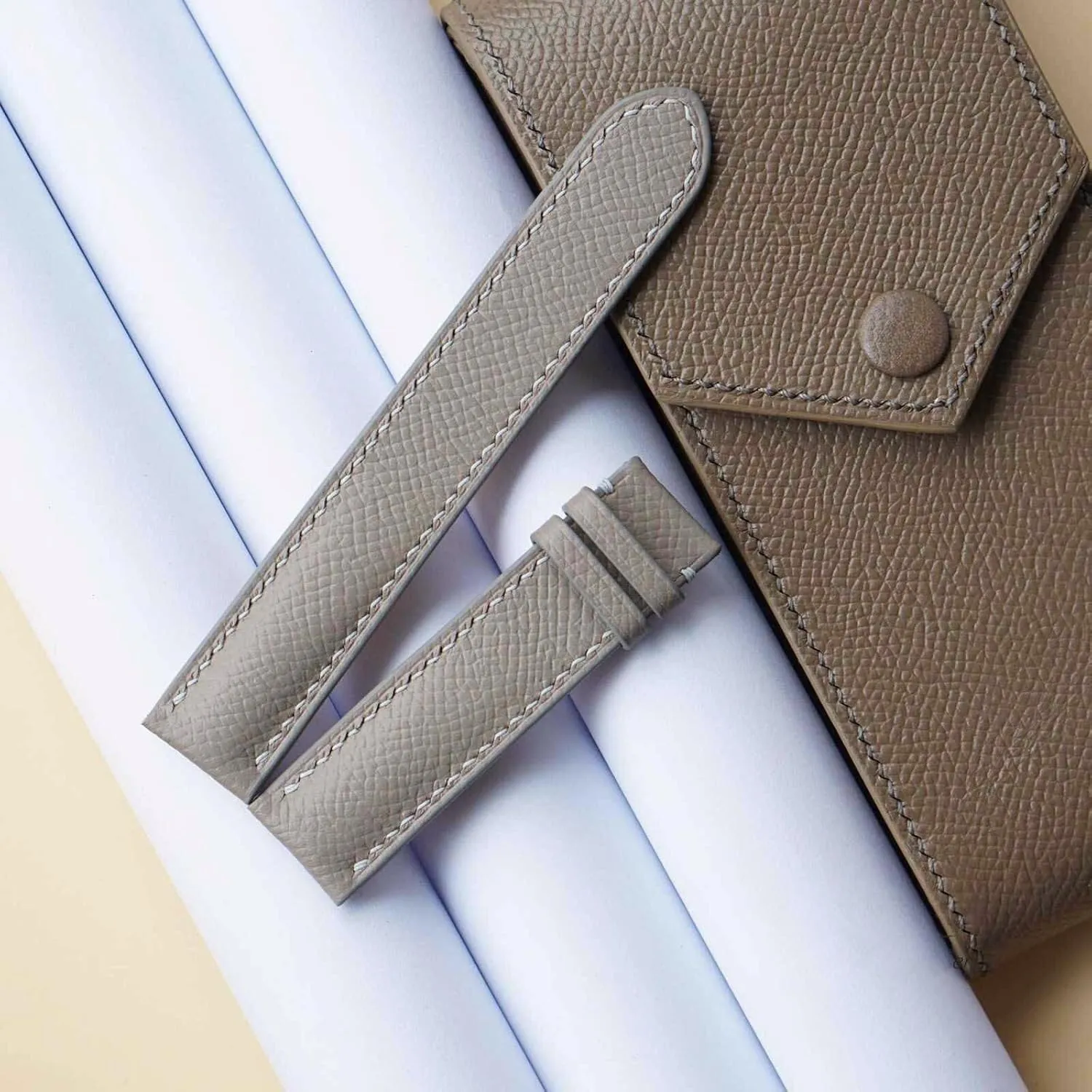 Premium Gray Epsom leather watch band, Handmade Calf leather watch strap (20mm, Steel Folding Clasp)