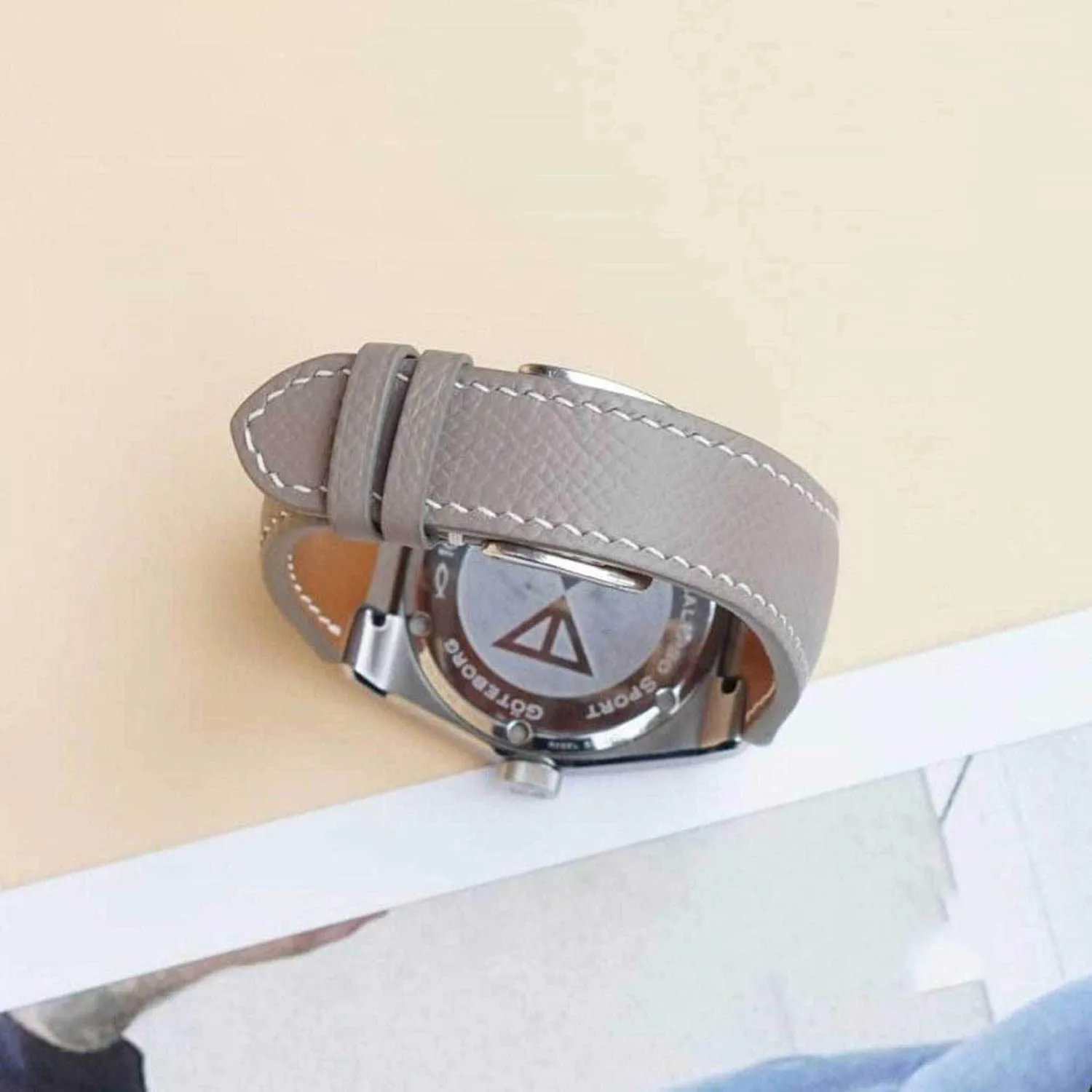 Premium Gray Epsom leather watch band, Handmade Calf leather watch strap (20mm, Steel Folding Clasp)