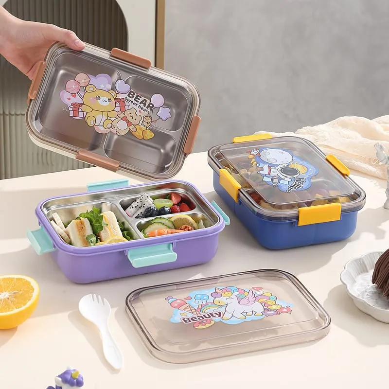Premium Leak Proof Insulated Stainless Steel Bento Lunch Box with 3 Sections & Cutlery