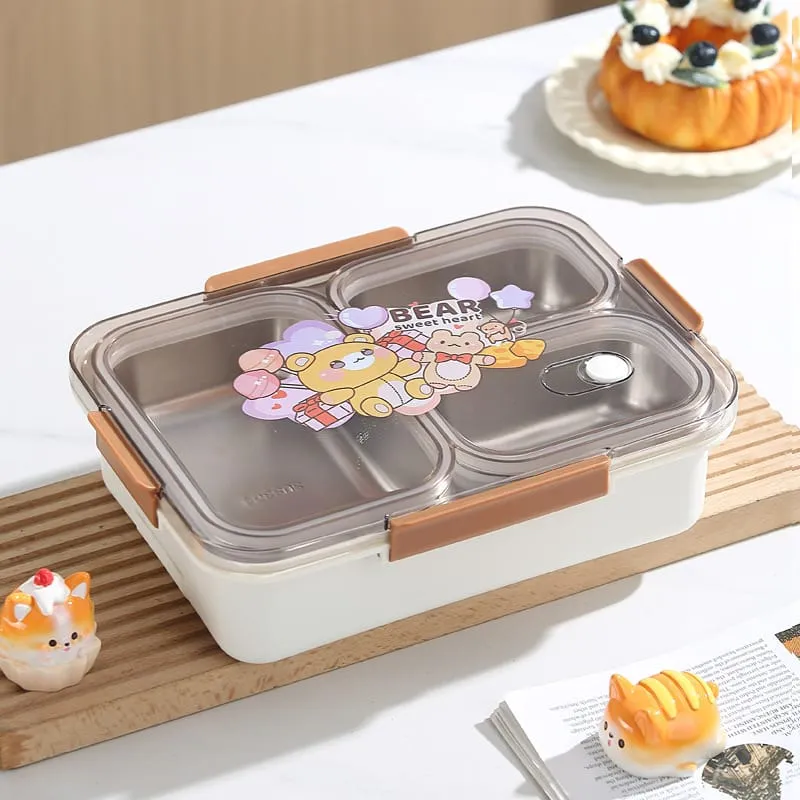 Premium Leak Proof Insulated Stainless Steel Bento Lunch Box with 3 Sections & Cutlery