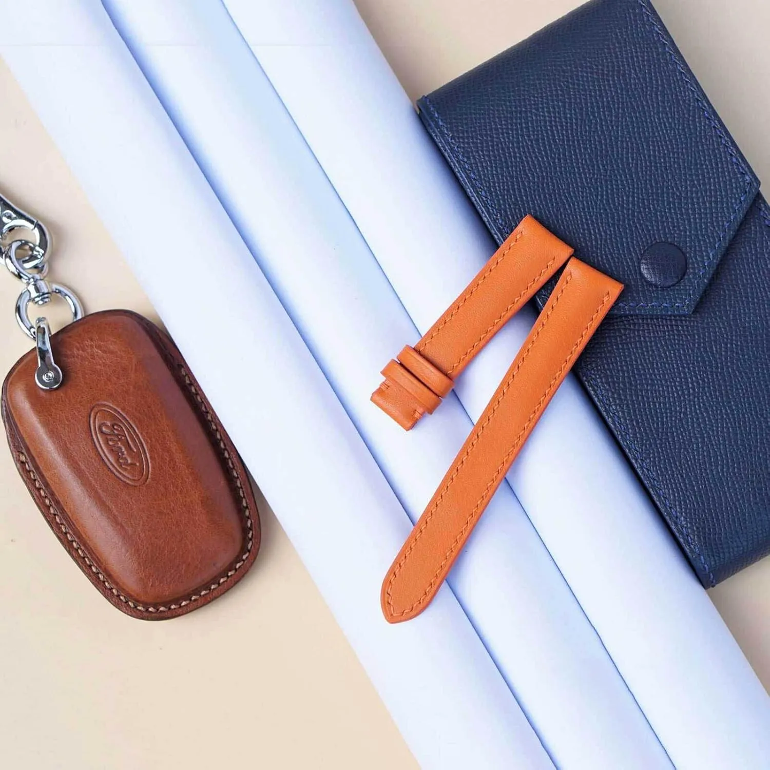 Premium Orange Calf leather watch band, Handmade Calf leather watch strap (20mm, Steel Folding Clasp)