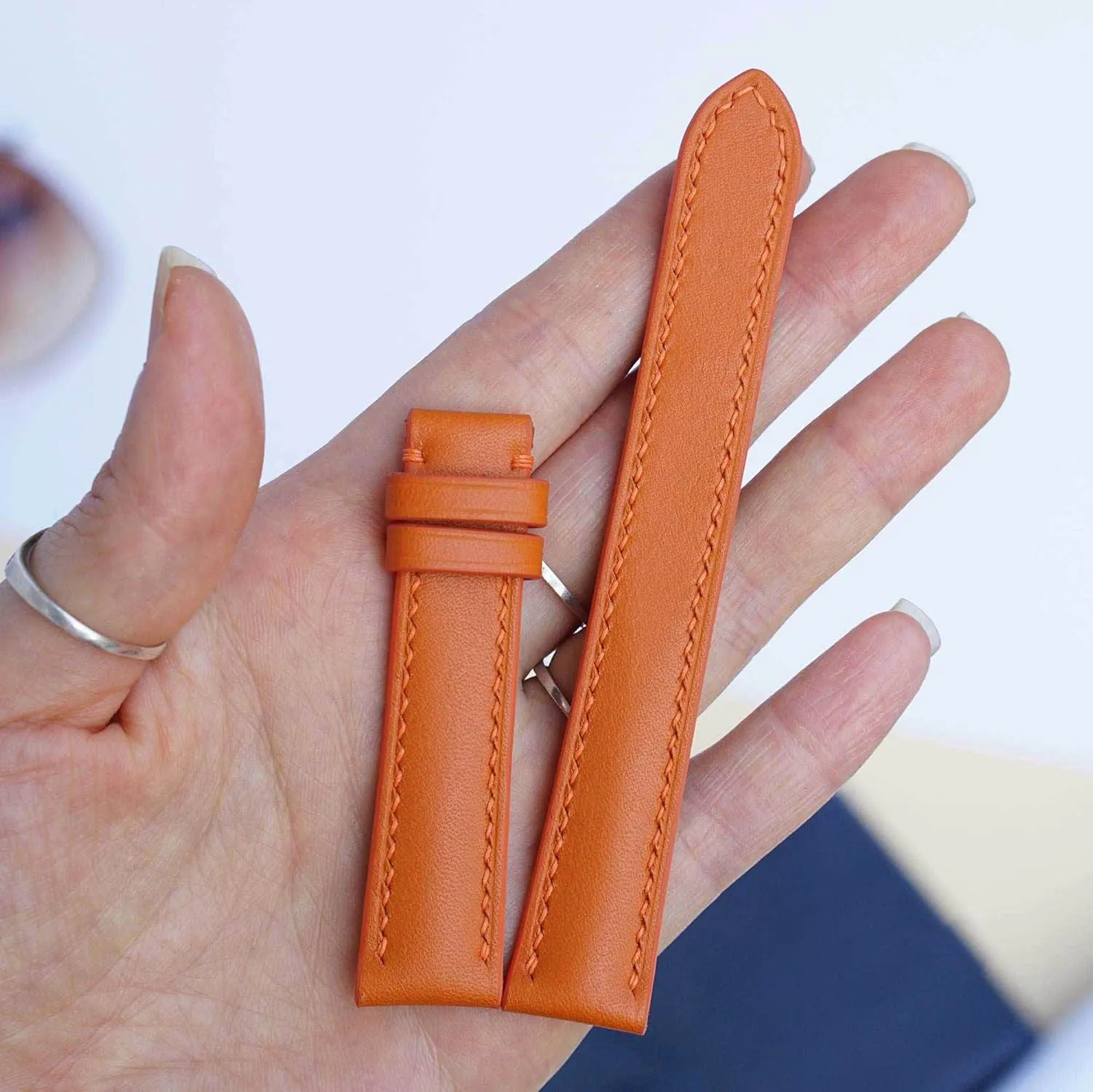 Premium Orange Calf leather watch band, Handmade Calf leather watch strap (20mm, Steel Folding Clasp)