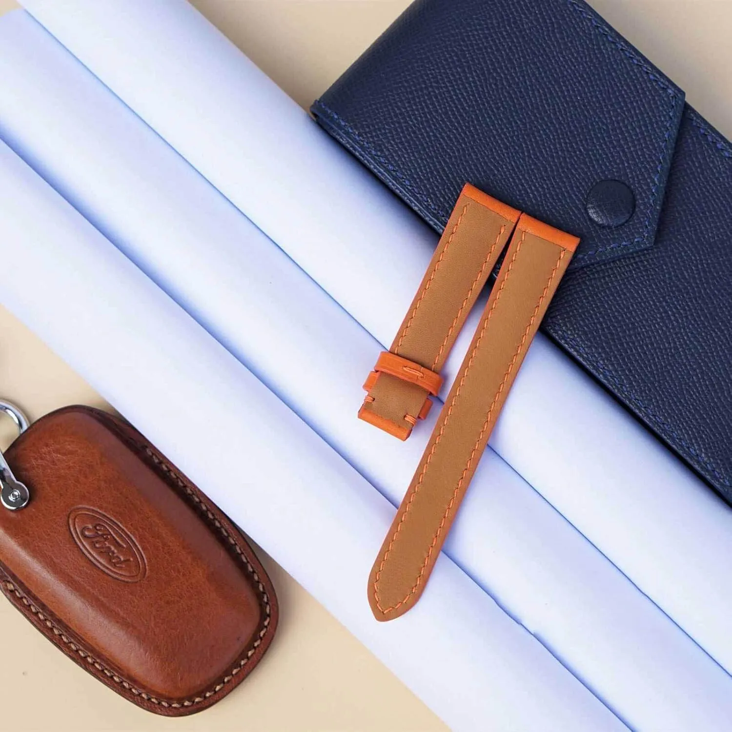 Premium Orange Calf leather watch band, Handmade Calf leather watch strap (20mm, Steel Folding Clasp)
