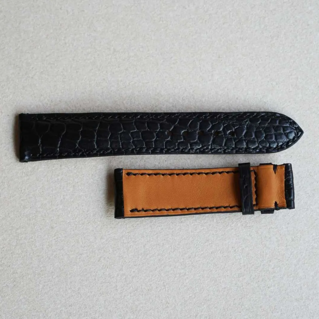Premium Quality Black Alligator leather watch band, Handmade Alligator watch strap (14mm, Steel Folding Clasp)