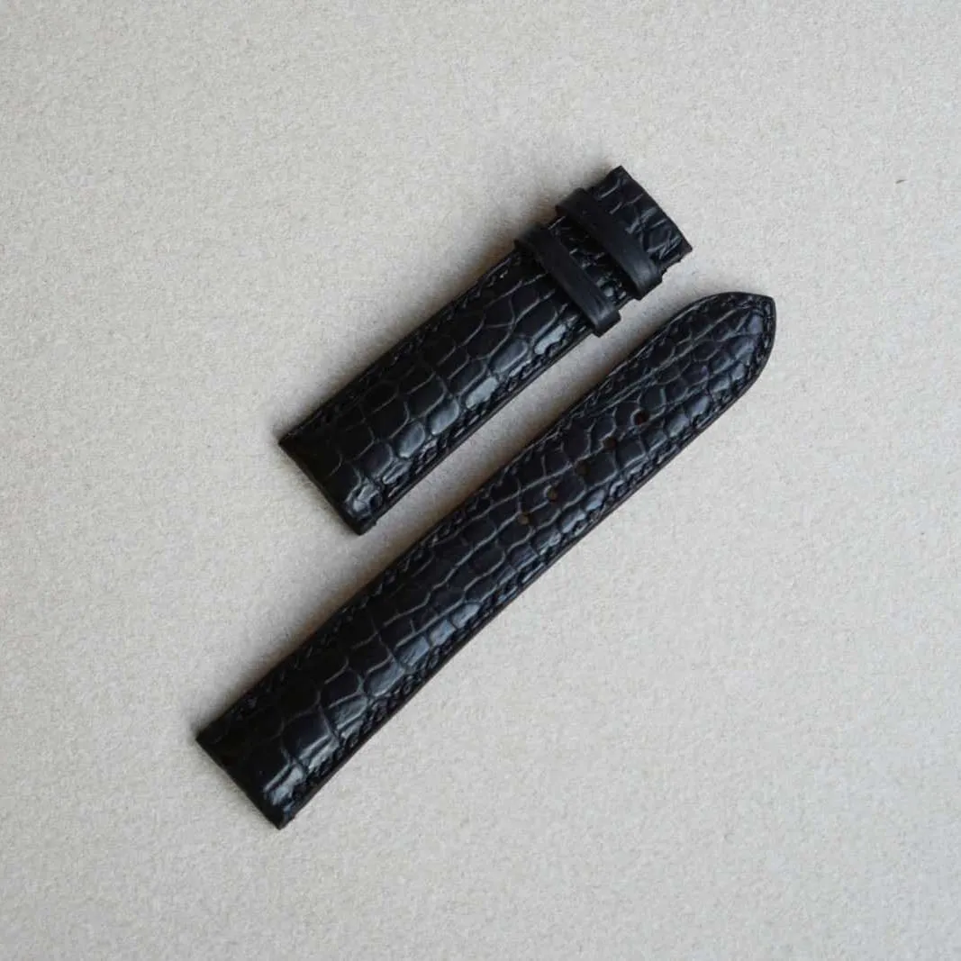 Premium Quality Black Alligator leather watch band, Handmade Alligator watch strap (14mm, Steel Folding Clasp)