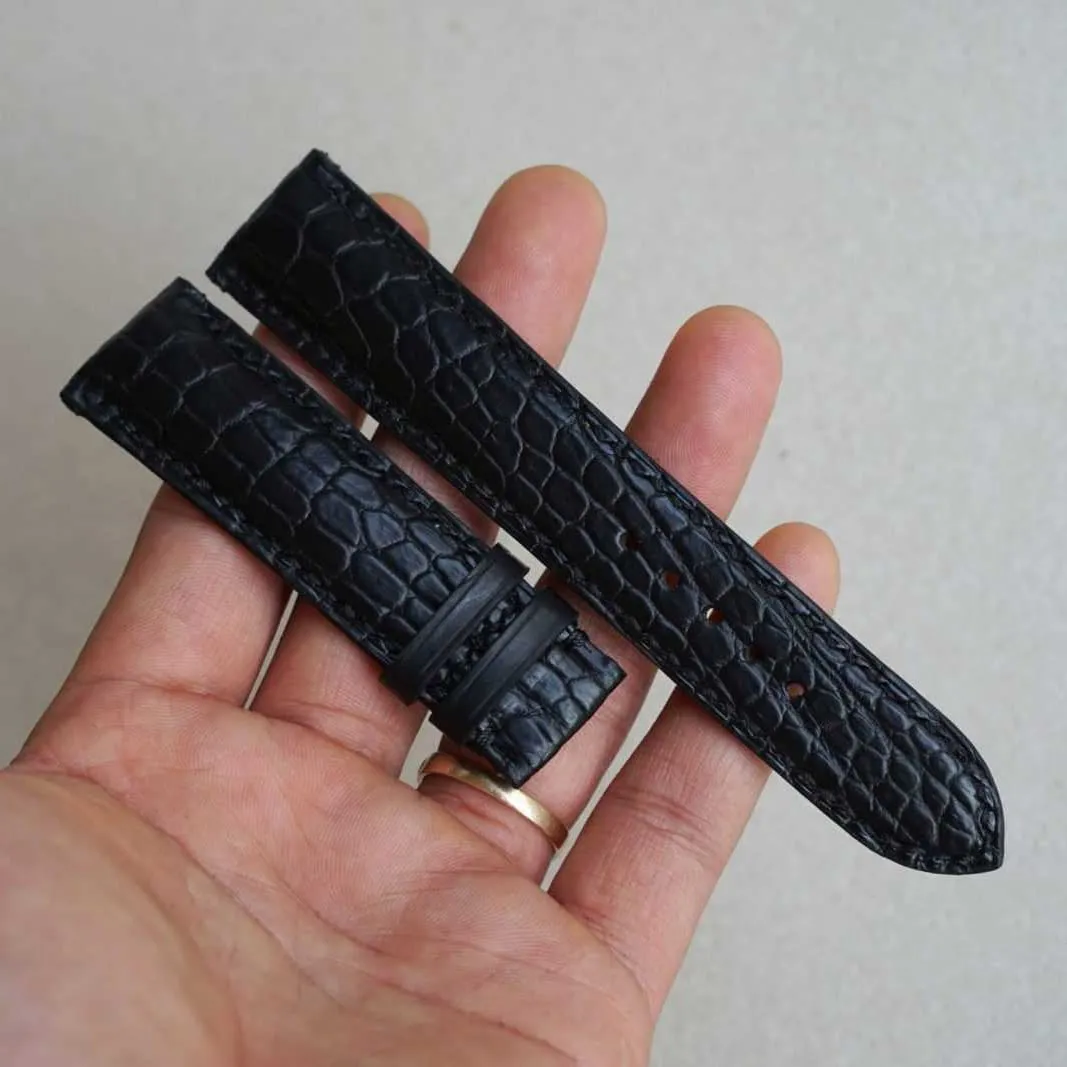 Premium Quality Black Alligator leather watch band, Handmade Alligator watch strap (14mm, Steel Folding Clasp)