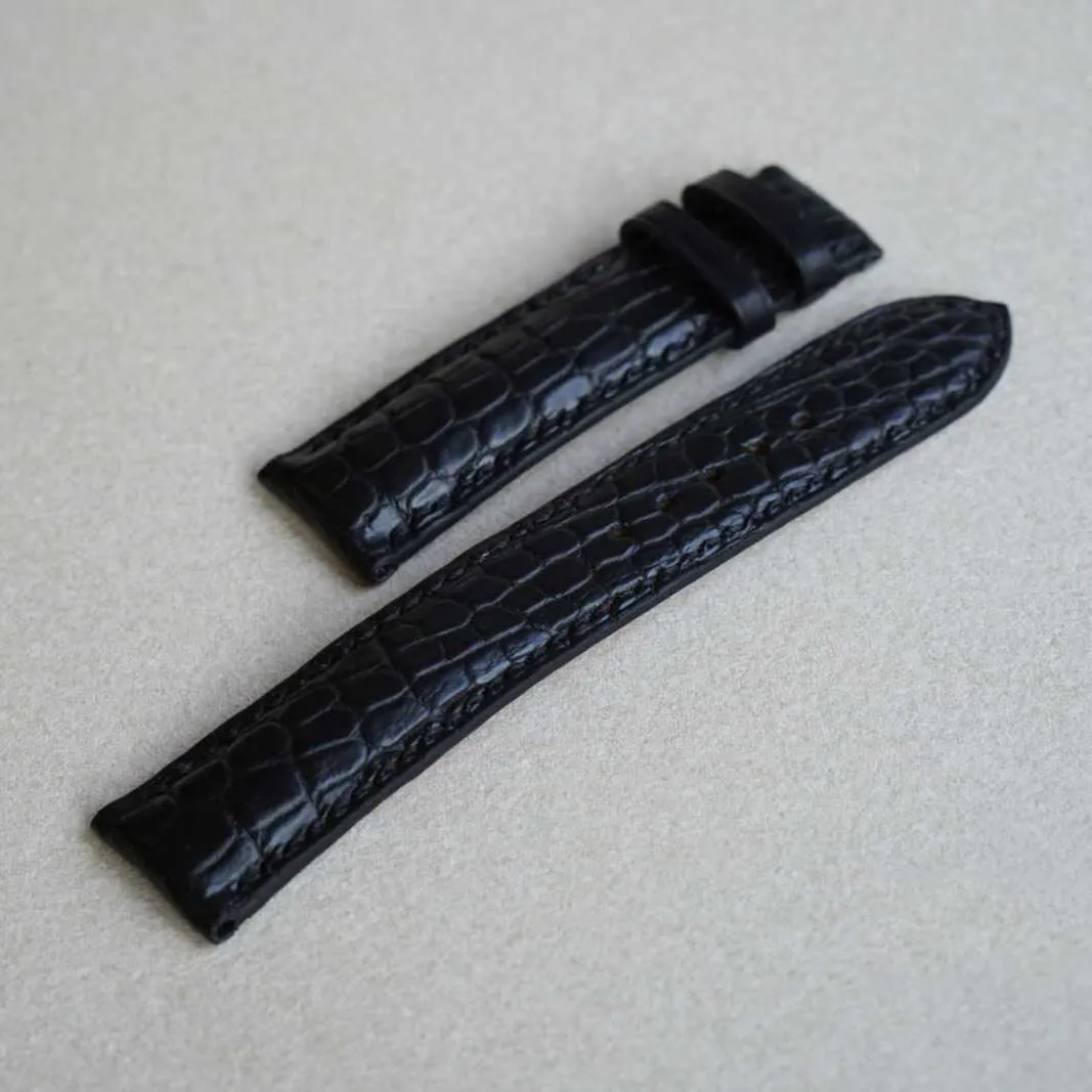 Premium Quality Black Alligator leather watch band, Handmade Alligator watch strap (14mm, Steel Folding Clasp)