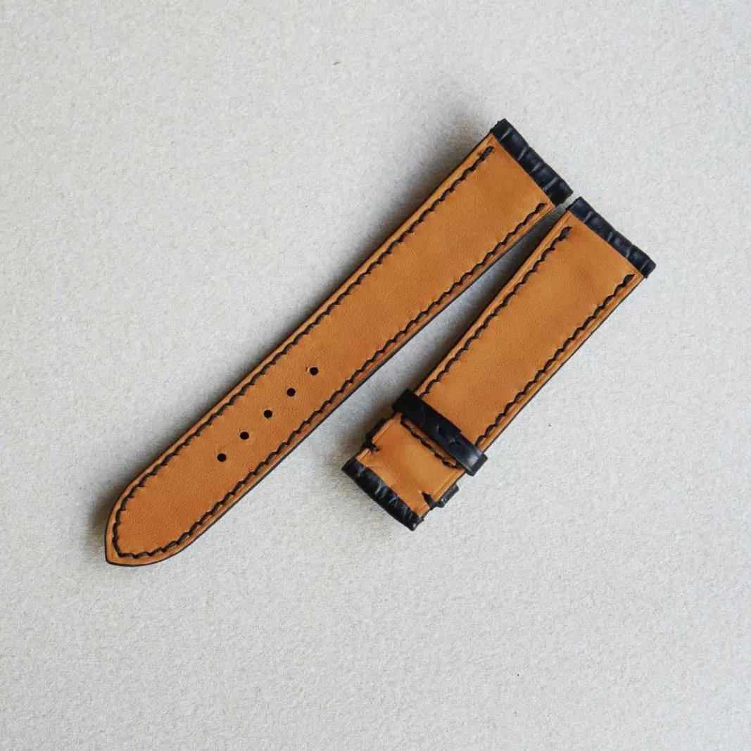 Premium Quality Black Alligator leather watch band, Handmade Alligator watch strap (14mm, Steel Folding Clasp)