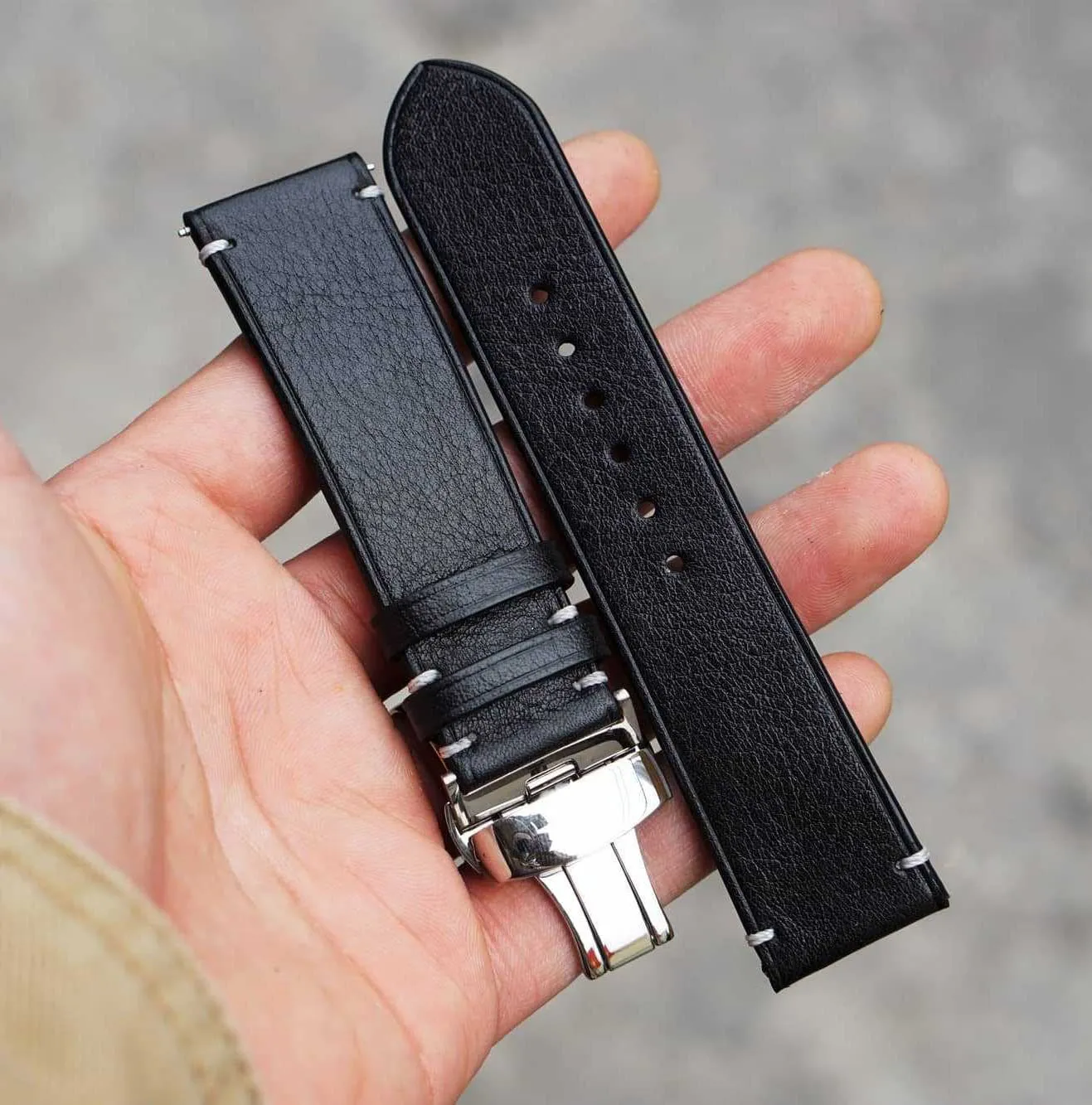 Premium Quality Black Vachetta leather watch strap, Handmade Vintage Cow leather watch band (19mm, Steel Folding Clasp)