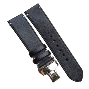 Premium Quality Black Vachetta leather watch strap, Handmade Vintage Cow leather watch band (19mm, Steel Folding Clasp)